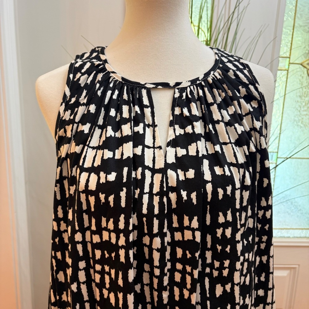 eShakti Black White Geometric Print Sleeveless Midi Dress Pockets Belted Size 10 - Picture 2 of 12